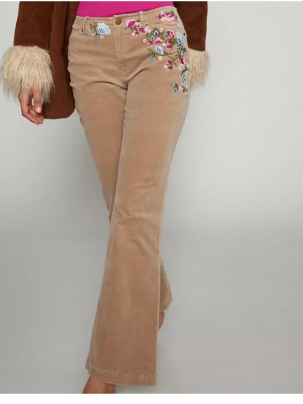 Kimchi Blue Jamie Corduroy Velvet Embroidered Floral Pant Camel Tan size 28